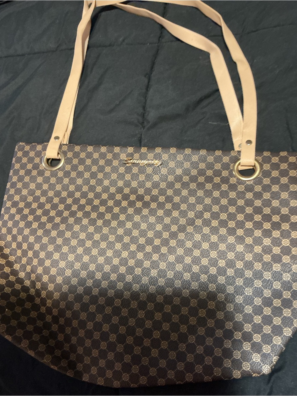 Classic Brown Patterned Tote Bag with Beige Straps